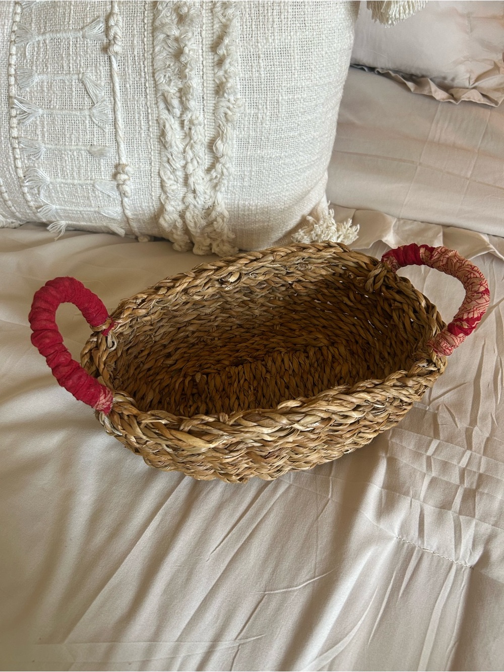 Woven Seagrass Basket with Red Wrapped Handles - Home Accents